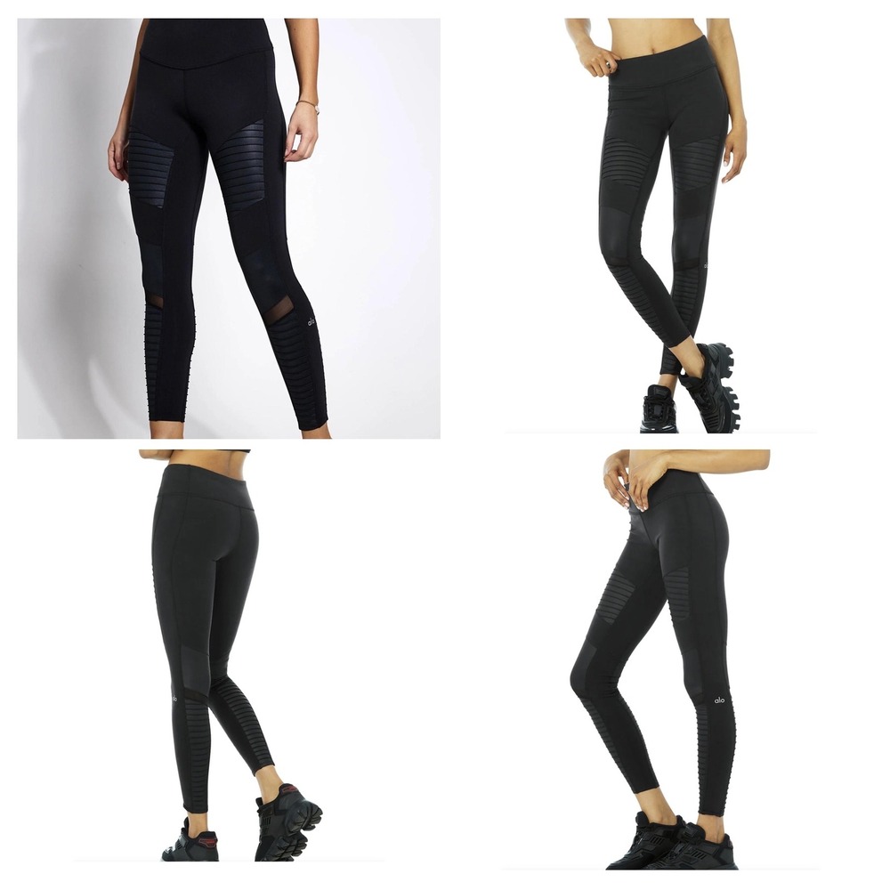 Alo Yoga Moto Leggings Womens S Black Quilted Biker Mesh Activewear Yoga Pants